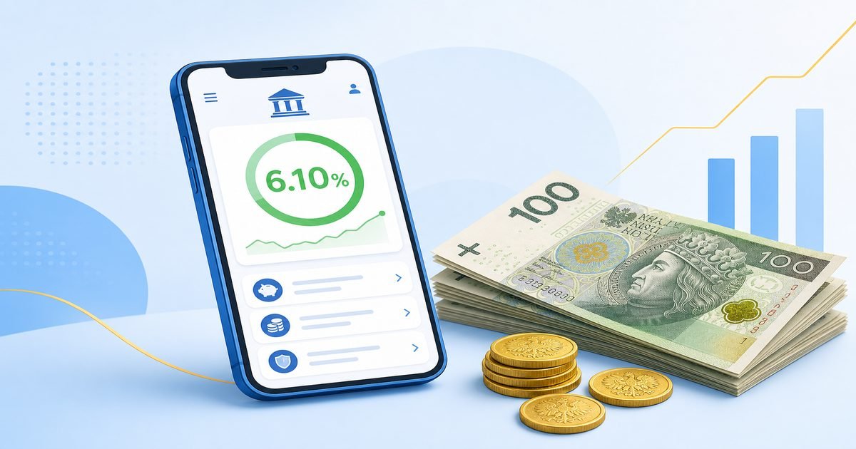 Aplikacja bankowa na smartfonie obok polskich banknotów i monet — porównanie lokat 2026